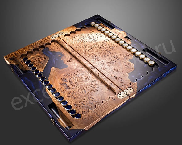 Нарды из древесины карагача с эпоксидной смолой, синие купить в интернет-магазине