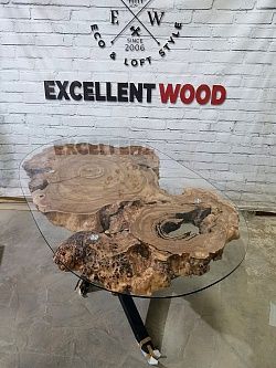Овальный стол из капа карагача и каленого стекла, собственное производство